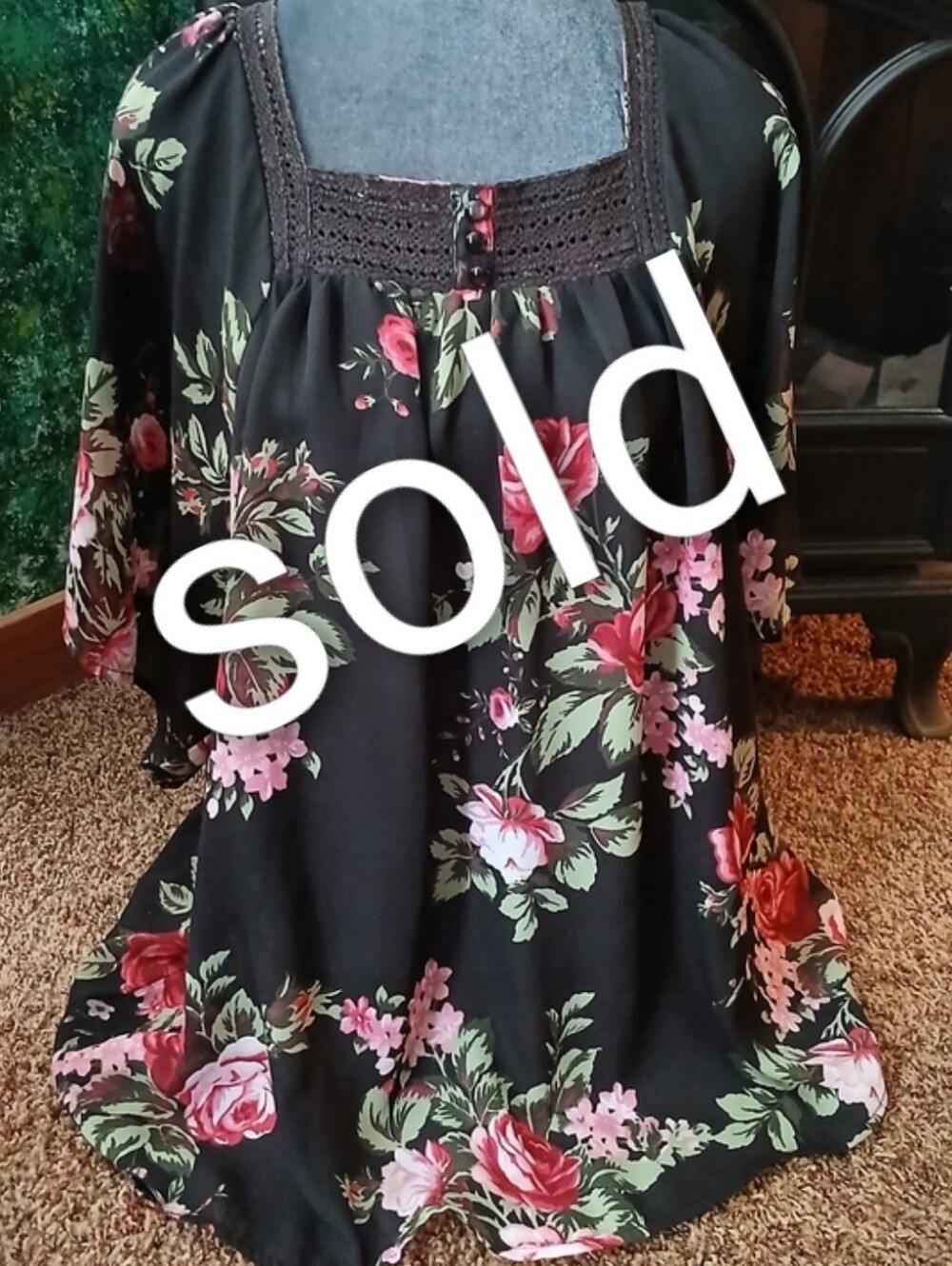 Denim 24/7 Black Floral Peasant Tunic with Pink and Red Roses